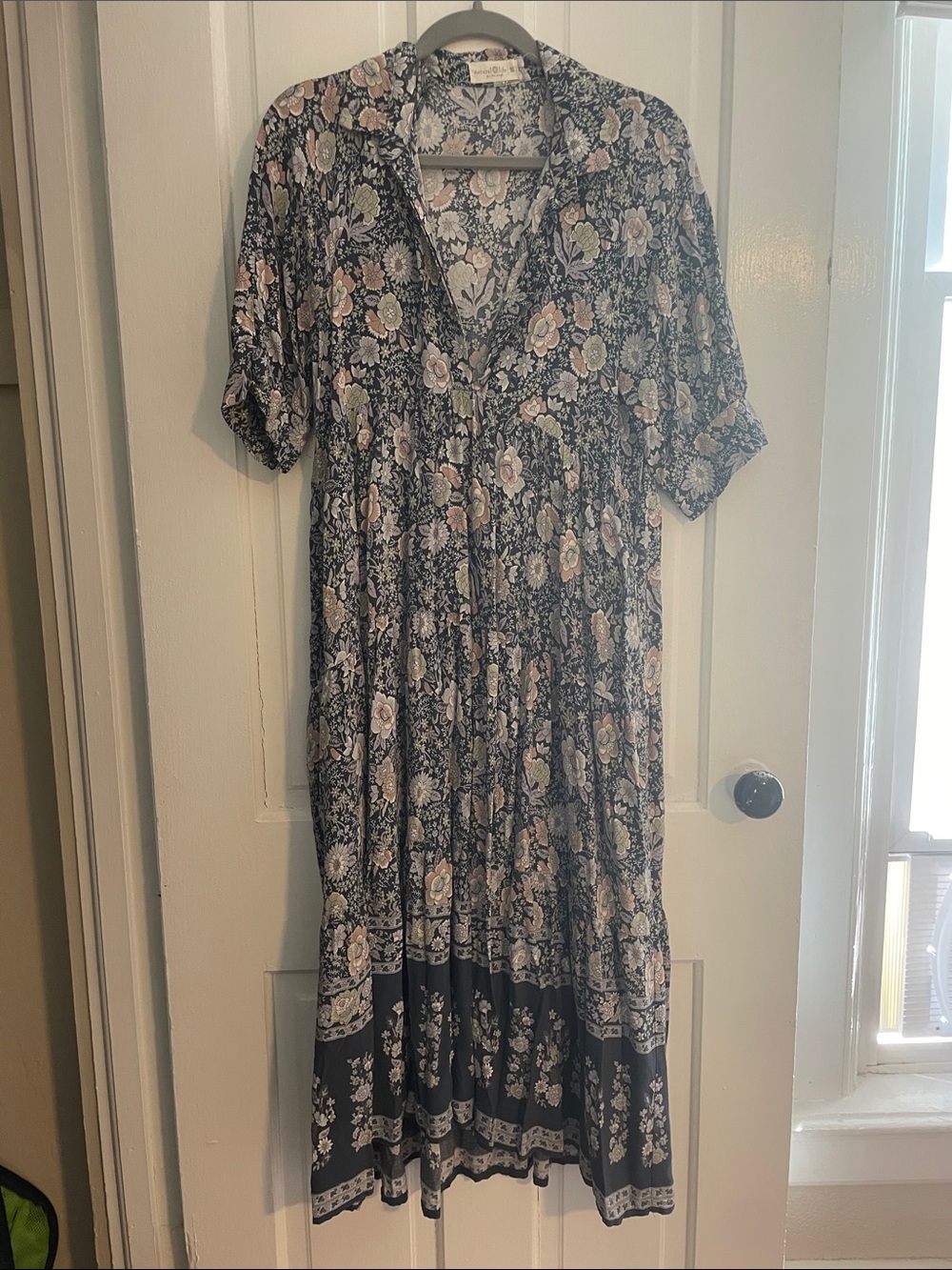 NATURAL LIFE Blue Floral Tiered  Midi Dress with Blush Accents